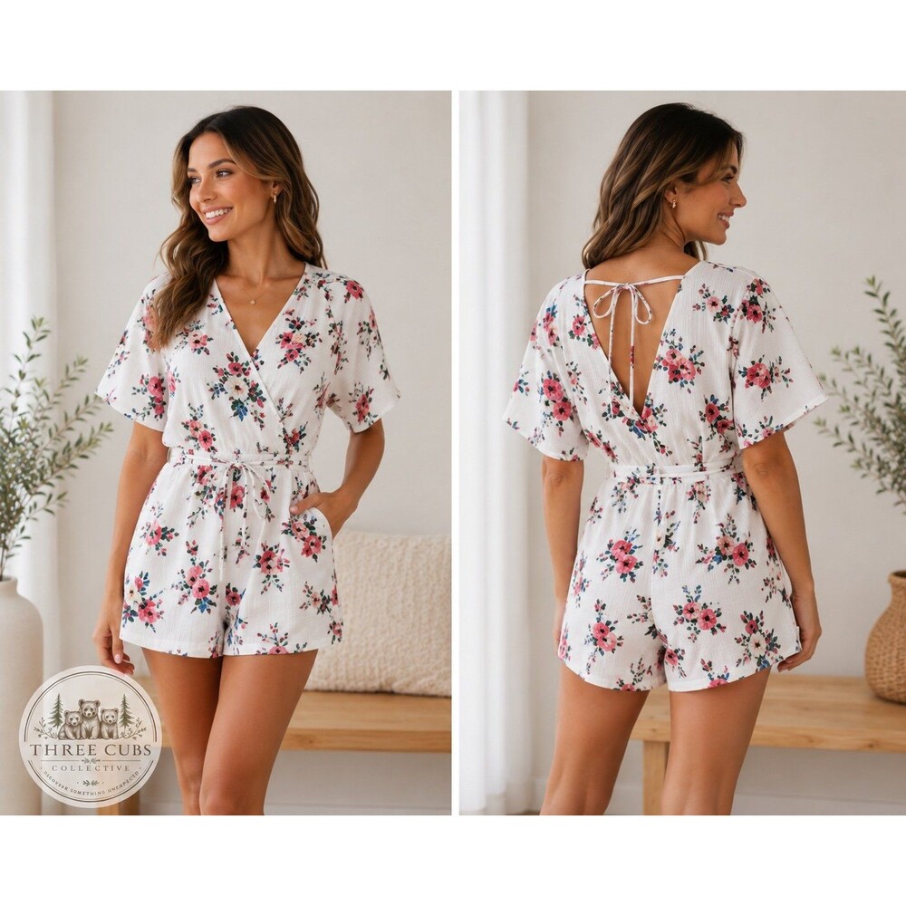 Francesca’s Large Floral Romper Short Sleeve v neck trixxi mini sexy summer